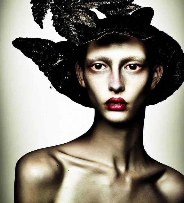 Prompt: photography face portrait of one female fashion model in rainforest, wearing a hat designed by iris van herpen, creative colorfull - makeup, curly hair style half long, photography by paolo roversi nick knight, helmut newton, avedon, and araki, natural pose, highly detailed