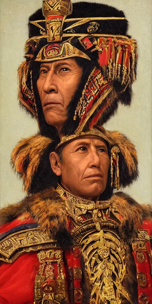 Image similar to Highly detailed and cinematic Renaissance period portrait oil painting of the Incan emperor Atahualpa!!! an oil painting ((masterpiece)) by ((Josep Tapiró Baró)), RPG portrait, dynamic lighting, 8K, Incan!! Inca symbols