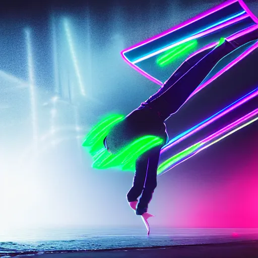 Image similar to break dancer made of neon lights, long exposure shot, tron, fog, water on the ground, cinematic view from lower angle, design, adobe