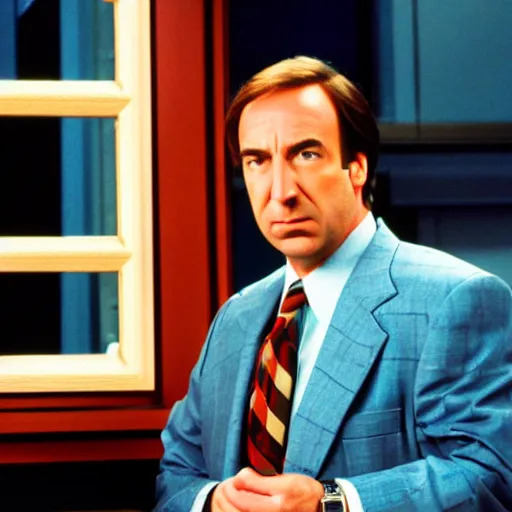 Prompt: a photogrpah still of Saul goodman starring in a 1990s sitcom, 15mm