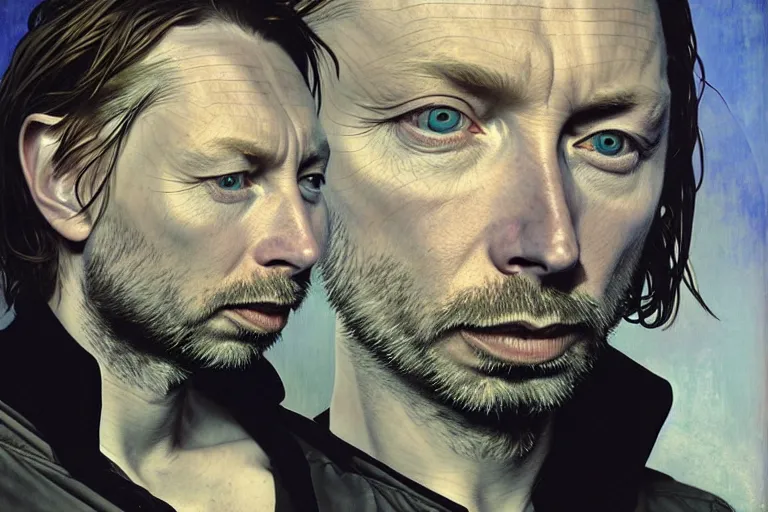 Image similar to hyper realistic portrait of thom yorke singer songwriter, side, liminal space, spacesuit, waterline, reflections, by lee bermejo, alphonse mucha and greg rutkowski