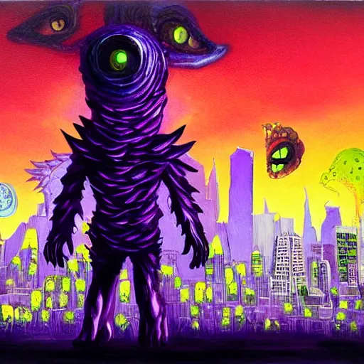 Image similar to A beautiful painting of a large, monster looming over a cityscape. The monster has several eyes and mouths, and its body is covered in spikes. It seems to be coming towards the viewer, who is looking up at it in fear. neon purple, realism, infrared by Dustin Nguyen