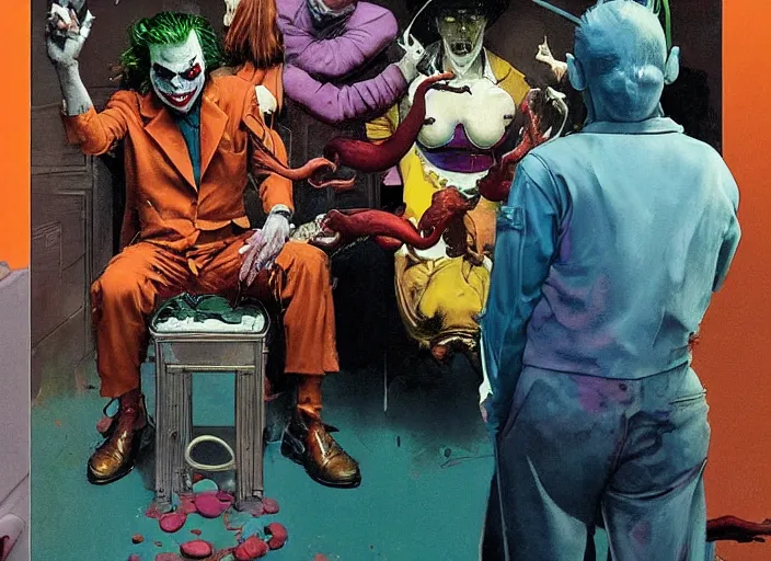 Prompt: a still from the movie joker by francis bacon, surreal, norman rockwell and james jean, greg hildebrandt, and mark brooks, triadic color scheme, by greg rutkowski, in the style of francis bacon and syd mead and edward hopper and norman rockwell and beksinski, dark surrealism, purple and orange and turquoise