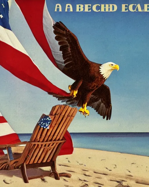 Image similar to postcard showing 'a cool bald eagle perched on a beach chair with shades and a beer bottle' laying in the sand, advertisement, american flag