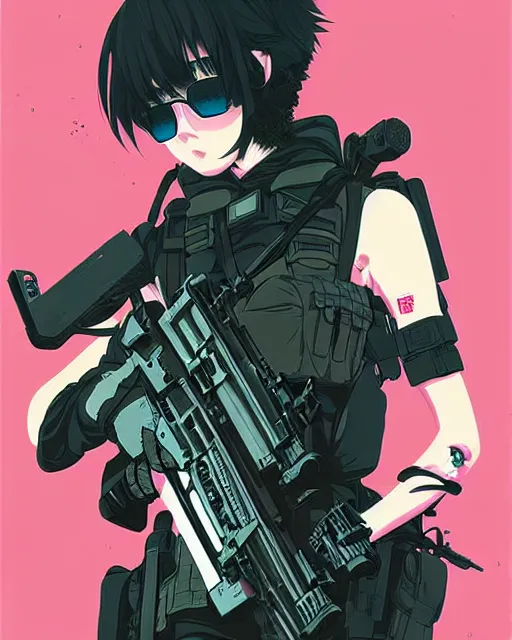 Image similar to girl with tactical gear, very anime!!! anime!! intricate details, aesthetically pleasing pastel colors, poster background, aesthetic details, art by conrad roset and ilya kuvshinov