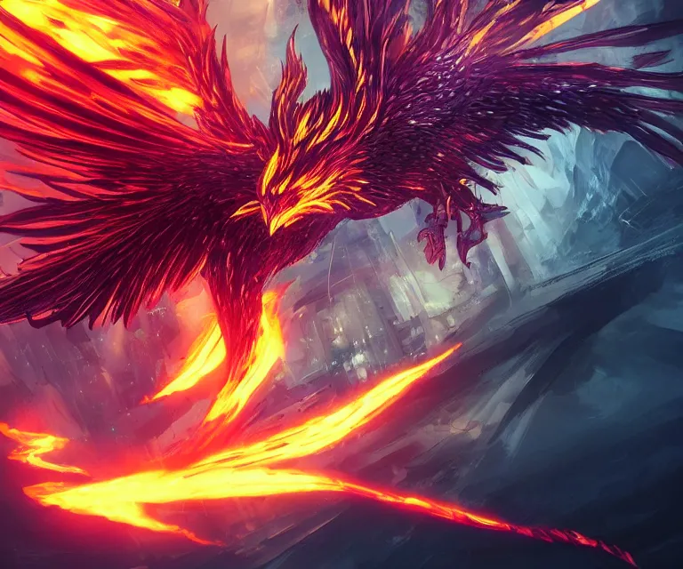 Image similar to neo tokyo, high fantasy, concept art, video game, highly detailed, phoenix flames, sharp focus, 5 0 mm