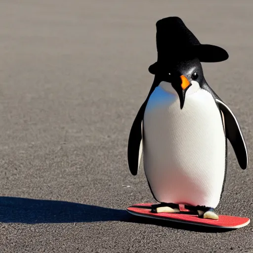 Prompt: photo of a skateboarding penguin with a sunhat!