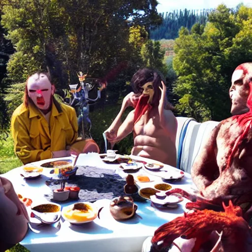 Prompt: a group of demons have a pleasent tea party on a sunny day