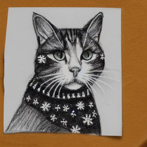 Prompt: cat wearing a christmas jumper pencil sketch highly detailed, smooth, sharp focus