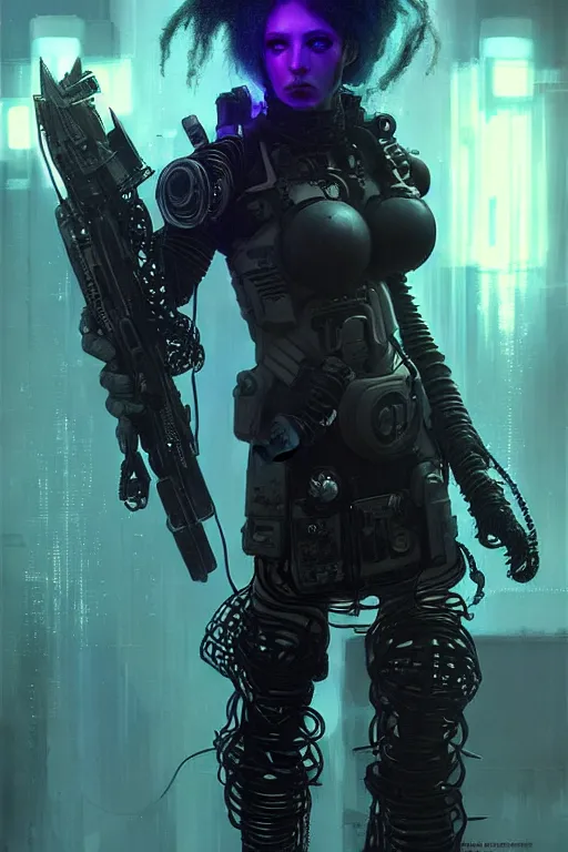 Prompt: a cybergoth warhammer character, dystopian mood, cinematic film look, super realistic , neon, sci-fi character portrait by gaston bussiere, craig mullins