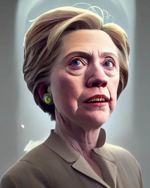 Image similar to highly detailed vfx portrait of a beaten up hillary clinton, stephen bliss, unreal engine, greg rutkowski, loish, rhads, beeple, makoto shinkai and lois van baarle, ilya kuvshinov, rossdraws, tom bagshaw, alphonse mucha, global illumination, detailed and intricate environment