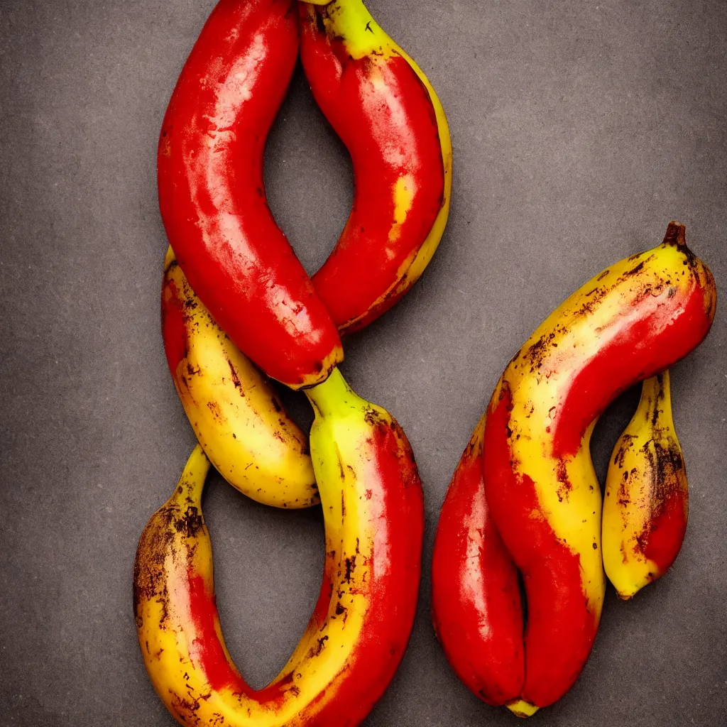 Prompt: fat banana in the shape of red cracked pepper, closeup, hyper real, food photography, high quality