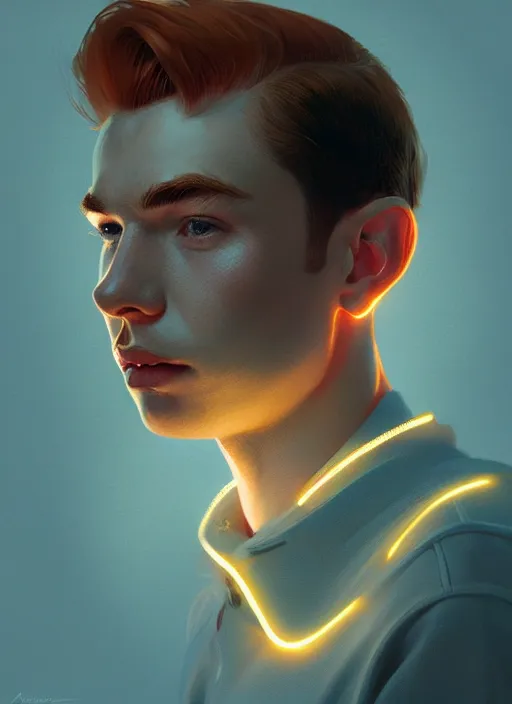 Image similar to portrait of archie andrews, freckles, intricate, elegant, glowing lights, highly detailed, digital painting, artstation, concept art, smooth, sharp focus, illustration, art by wlop, mars ravelo and greg rutkowski