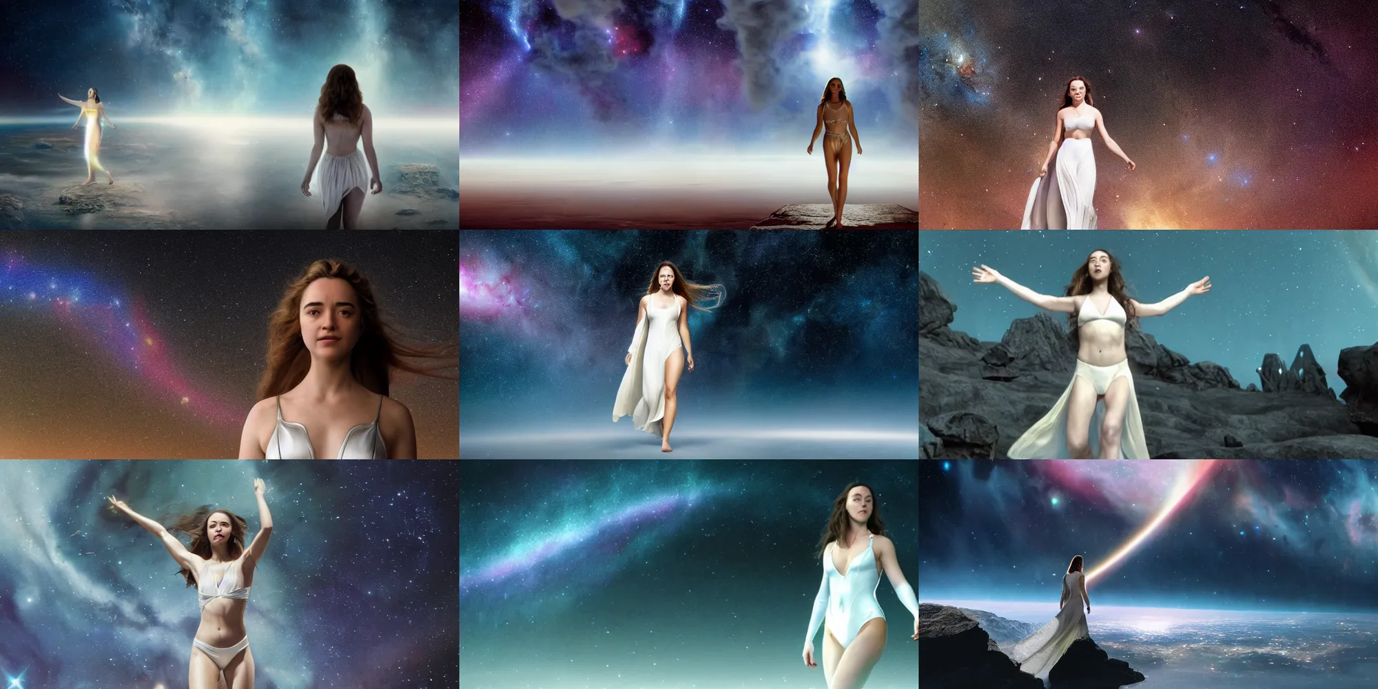 Prompt: film still of mary mouser walking on an invisible bridge, similar to the bifrost, toward an endless abyss in space, wearing a white flowy bikini inspired by ancient roman clothing, beautiful astronomical background with galaxies and nebulas, lack of sunlight, darkness of space, focus on facial detail, 8 k resolution, cinematic lighting, anatomically correct, by christopher nolan