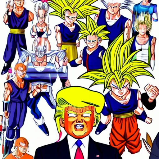 Prompt: screenshot of donald trump in dragonball z, anime