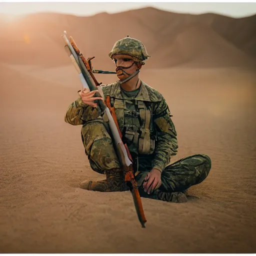 Image similar to portrait photography of soldier in the desert eating crayons, beautiful composition, ambient light