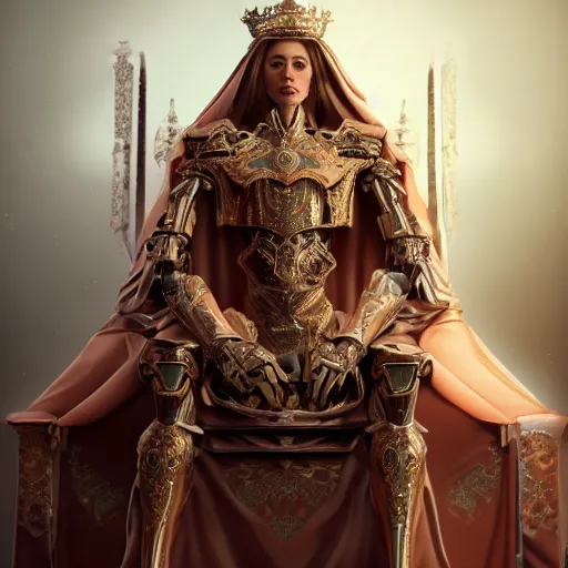 Image similar to Majestic picture of a humanoid robot wearing a kings robe, sitting on a throne, artstation