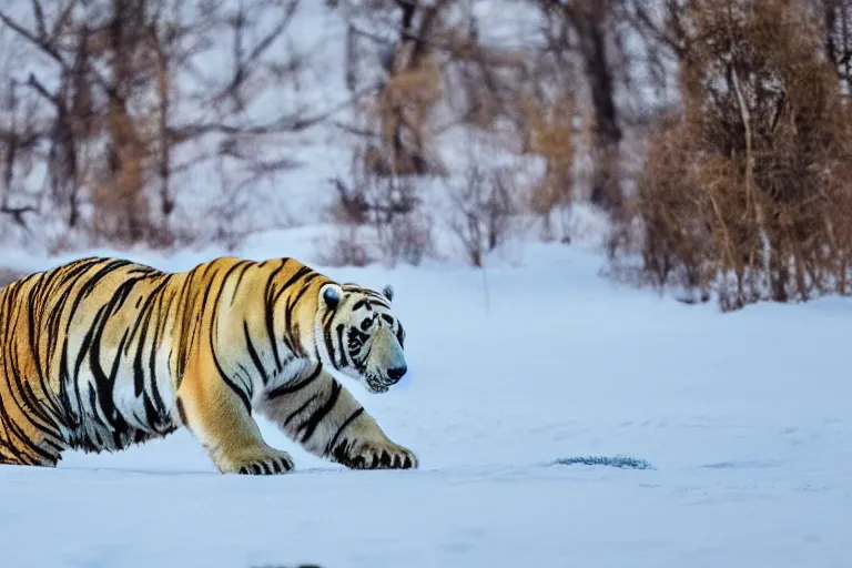 Image similar to a tiger polar bear!!! hybrid! hyper realistic!! realistic lighting!! wildlife photographer of the year!!! bold natural colors, national geographic, hd, wide angle, 8 k