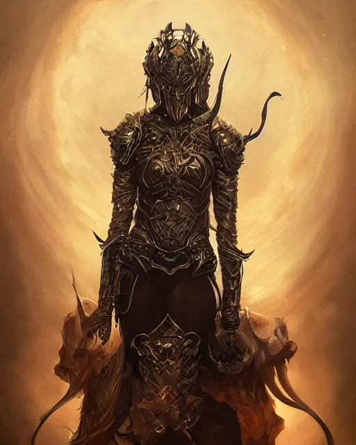 Image similar to portrait of the embodiment of darkness by Valentina Remenar, artgerm, by Charlie Bowater, tom bagshaw, Lois Van Baarle:: ornate detailed intricate golden battle knight armor by furio tedeschi, zhelong xu, golden ratio, symmetrical body, highly detailed
