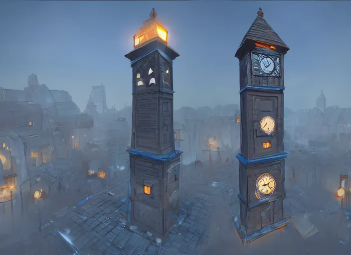 Prompt: a clock tower with a blue light on top of it, concept art by senior environment artist, polycount contest winner, new sculpture, concept art, sketchfab, 2 d game art