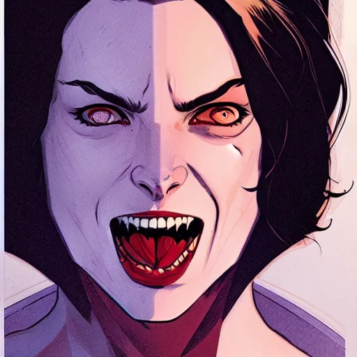 Image similar to Rafeal Albuquerque comic art, Joshua Middleton comic art, American Vampire comic art, pretty Phoebe Tonkin vampire open mouth smile sharp teeth, fully red eyes no pupils, horror, symmetrical face, symmetrical eyes, pretty white dress, short black hair, full body:: snow outside::