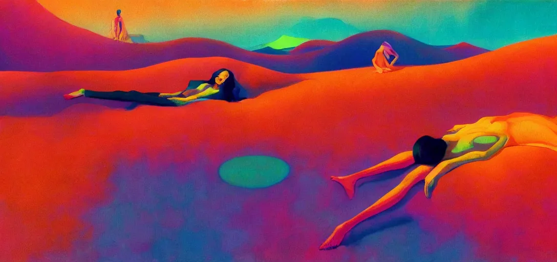 Prompt: a colorful vibrant psychedelic landscape in the shape of a woman lying down and dreaming psychedelic hallucinations, by moebius, edward hopper and james gilleard, zdzislaw beksinski, steven outram colorful flat surreal design, hd, 8 k, artstation