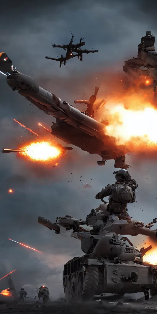 Image similar to concept art, world war iii, battlefield scene, uav, fully armed soldier shooting, launching kinetic energy weapons, launching tracking missiles, armor piercing missiles, drag light bullets, backlight, future technology, smooth lines, high detail, 8 k, octane rendering, unreal engine.