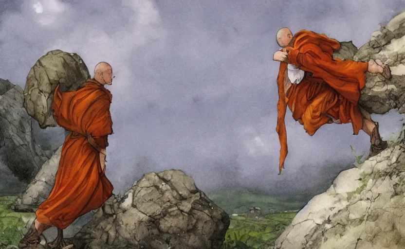 Image similar to a hyperrealist watercolour concept art of a monk levitating a huge rock over his head. it is a misty night on the moors of ireland. by rebecca guay, michael kaluta, charles vess and jean moebius giraud. high detail, hq