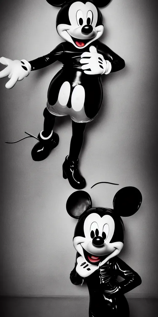 Image similar to photographic shot of mickey mouse wearing a latex outfit in front of berghain, berlin style, photography by sven marquardt, highly detailed, photorealistic, 4 k