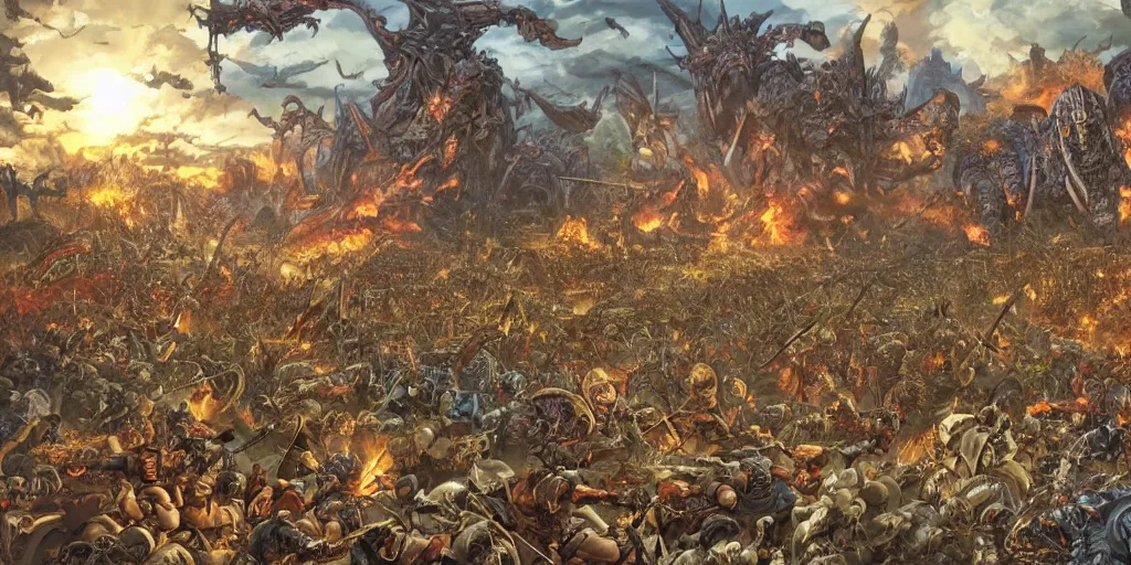 Prompt: Warhammer Original Artwork depicting a large battlescene at dusk by Geof Darrow and Peter Paul Rubens, Sprawling battlefeild of death with monsters and creatures, Full frame,dappled light,Retro Futurism,Studio Ghibli,Anime