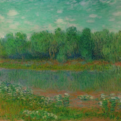 Prompt: a landscape by Monet, by Pablo Amaringo, Ayahuasca