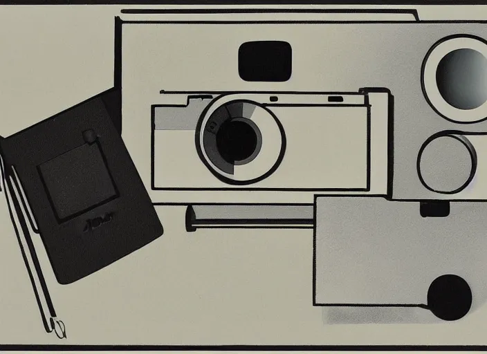 Prompt: painting by Hiroshi Yoshida of rangefinder camera designed by Dieter Rams, Naoto Fukasawa