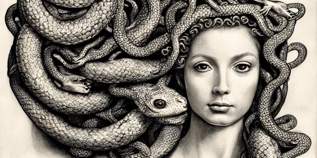 Image similar to realistic portrait of beautiful medusa with her snakes, golden, delicate, facing camera, hyper realism, 1 4 5 0, ink, ultra realistic, 8 k