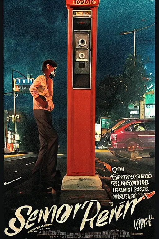 Image similar to an award - winning movie poster for a movie called senor featuring a junkie making a payphone call in a thunderstorm in queens at night in the 1 9 9 0 s