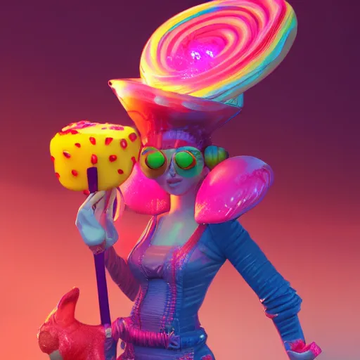 Image similar to candypunk sorcerer, character design, high quality digital art, render, octane, redshift, volumetric lighting, oled