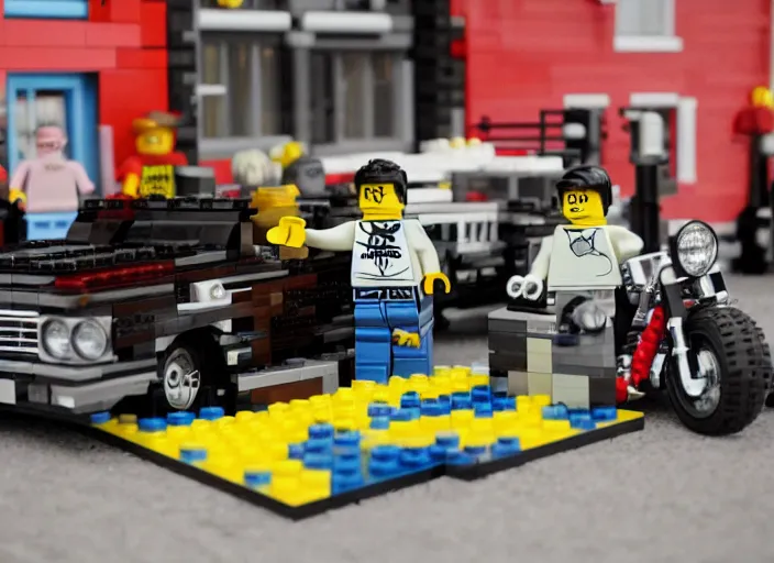 Prompt: nwa in front of a lowrider made by lego