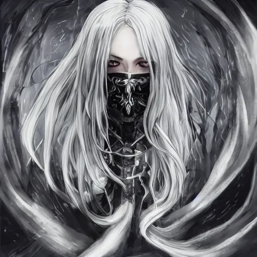 Prompt: Blurred and dreamy illustration of an anime girl with a pirate eye patch, wavy white hair and cracks on her face wearing elden ring armour with the cape fluttering in the wind, Yoshitaka Amano, abstract black and white patterns on the background, noisy film grain effect, highly detailed, Renaissance oil painting, weird portrait angle