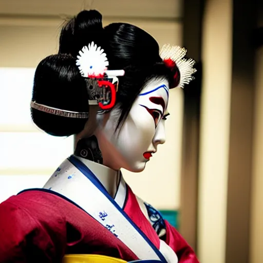 Image similar to cyborg geisha traveling to the future