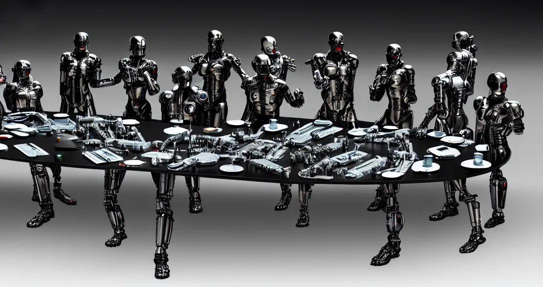 Image similar to war, 13 diverse cyborgs on one_side of a reflective !cybernetic table, posing_as_last_supper, inticrate detailed glowing implants, highly detailed, dramatic lighting, electrical details, high details, beautiful lighting