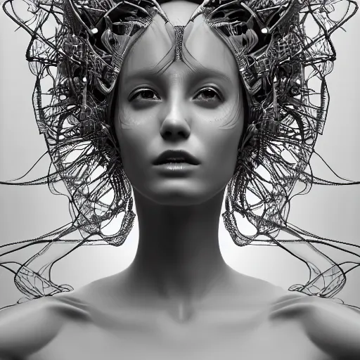 Image similar to closeup portrait of an absurdly beautiful, graceful, sophisticated, fashionable cyberpunk mechanoid gravure idol, an ultrafine hyperdetailed illustration by irakli nadar, matt wisniewski style, fashion photography, intricate linework, porcelain skin, jellyfish headdress, fractal ivory carved ruff, unreal engine 5 highly rendered, global illumination, radiant light, detailed and intricate environment