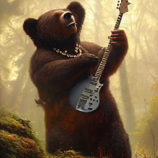 Prompt: UHD movie still of big realistic bear as Jimmy Hendrix by Antonio Caparo and Ferdinand Knab and Greg Rutkowski UHD photorealistic trending on artstation