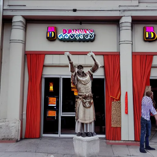 Image similar to cinematic shot of julius caesar wearing roman armor and standing outside of a dunkin donuts store, 8 k, very detailed, very intricate,