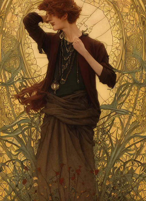 Image similar to edmund dulac, leyendecker, highly detailed portrait, a beautiful androgynous lee jong suk, long hair, tall and thin, wearing several pendants, art nouveau, stephen bliss, unreal engine, by greg rutkowski, loish, ferdinand knab, ilya kuvshinov, rossdraws, tom bagshaw, alphonse mucha, global illumination, radiant light