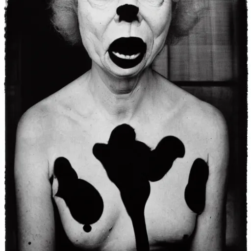 Prompt: portrait of a crazy lynchian character by Diane Arbus, 50mm, black and white photography
