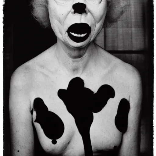 Image similar to portrait of a crazy lynchian character by Diane Arbus, 50mm, black and white photography