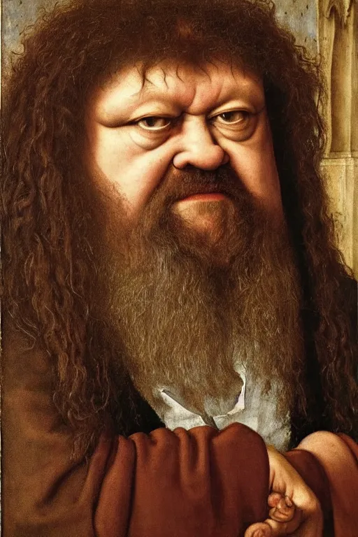 Image similar to portrait of hagrid, oil painting by jan van eyck, northern renaissance art, oil on canvas, wet - on - wet technique, realistic, expressive emotions, intricate textures, illusionistic detail