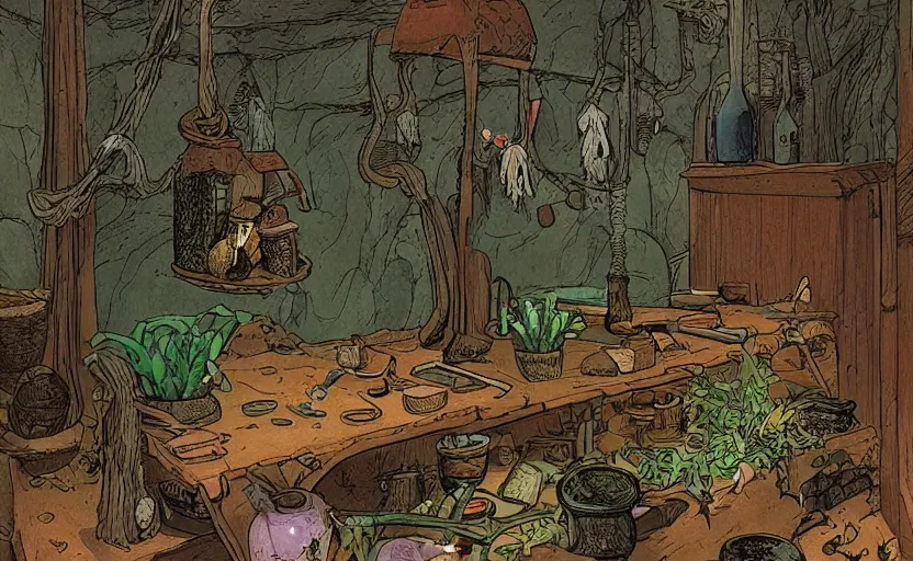 Image similar to witch's cabin full of potions, a cauldron on a counter with a sales register, lush vegetation, by moebius