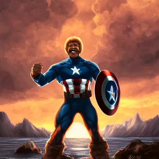 Image similar to Bob Ross smiling as captain america, digital art, concept art, sunset sky in the background, symmetrical, highly detailed, high quality, concept art, Deviant Art