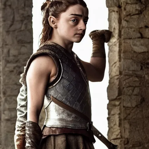 Prompt: muscular young arya stark showing her abs, glisten, high resolution, hard light, vogue photoshoot