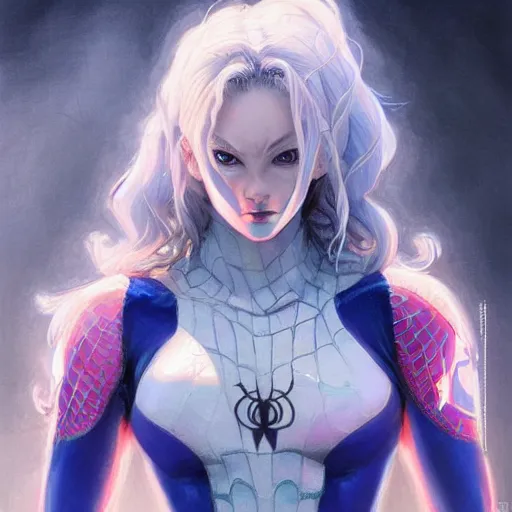 Prompt: beautiful female saiyan in the spider gwen suit, exquisite detail, hyper realism, ornate, voluptuous, exquisite detail, masterpiece, voluptuous, cute face, 4k, art by Donato Giancola and Bayard Wu and WLOP and Artgerm